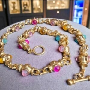 18k Matte Gold Byzantine Frosted Pastel Cabochon Toggle Necklace